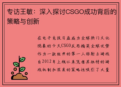 专访王敏：深入探讨CSGO成功背后的策略与创新